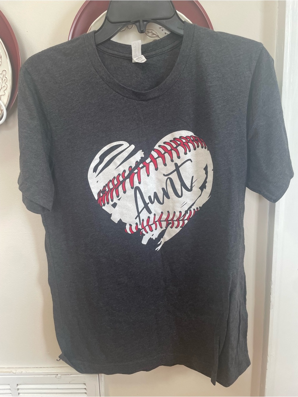 Bella Canvas Black Aunt Tee with White Heart Baseball Graphic and Red Stitching
